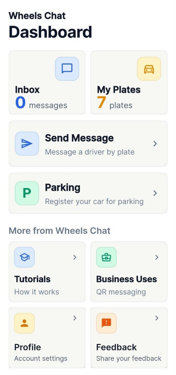 Wheels Chat app dashboard main page