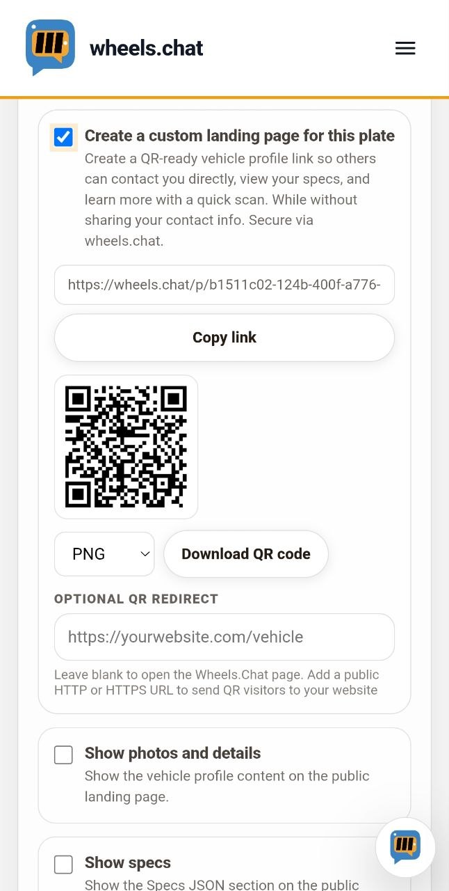 Wheels Chat Premium Plus plate guide QR editor