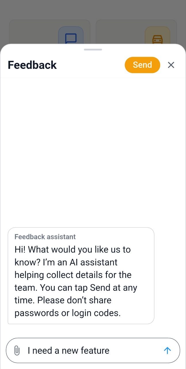 Wheels Chat Feedback assistant screen